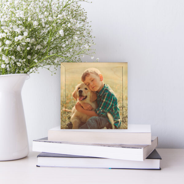 6x6 boy and dog photo printed on wood, gallery wall