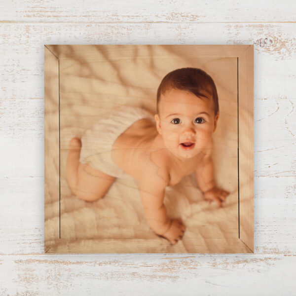 6x6 baby photo printed on wood, gallery wall