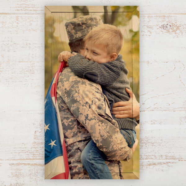 6x12 Army Dad and son hugging photo wood print